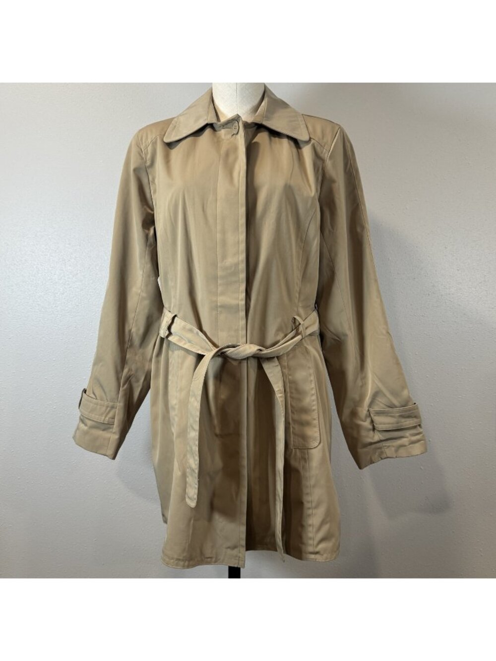 Towne Collection Trench Coat Womens Sz L Khaki Lined Belted Padded Shoulder NEW